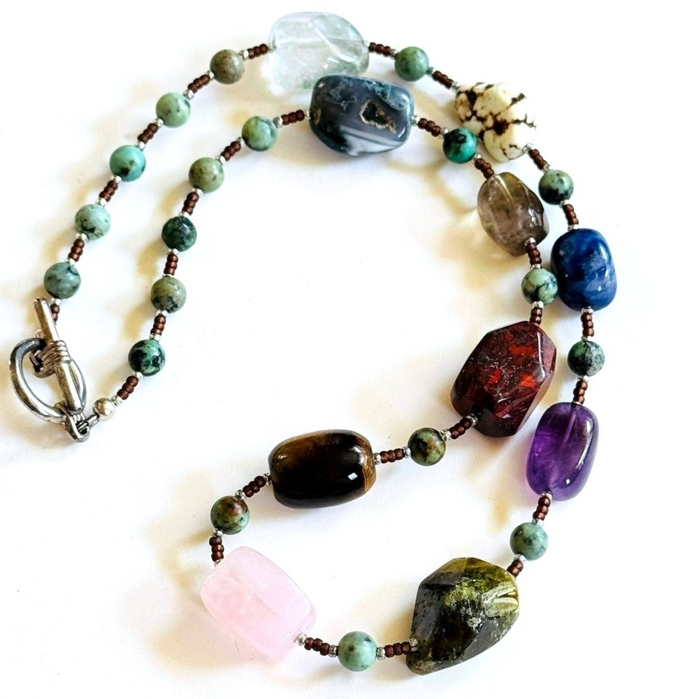 BOHO Turquoise agate amethyst quartz Jade Necklace VtG Multi stone Natural‎ 20"